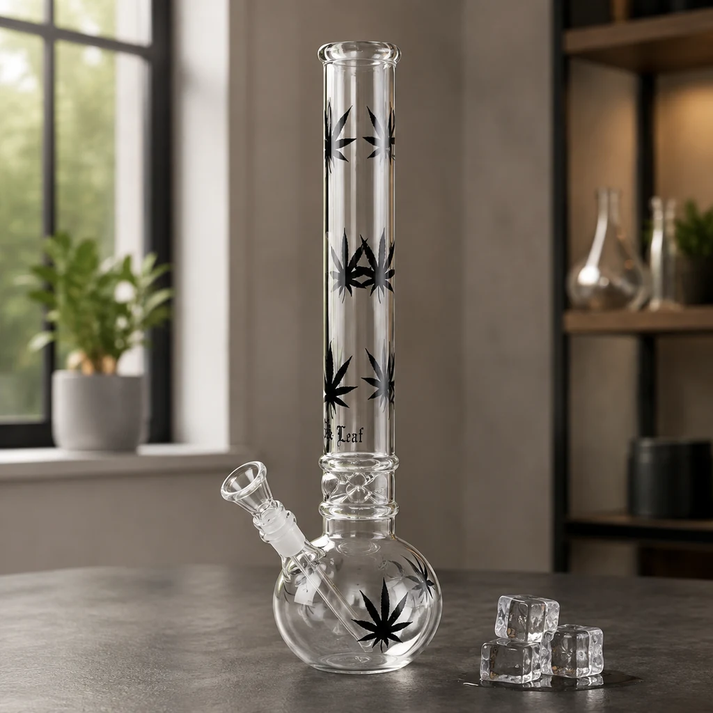 Bong transparente con hojas negras, tubo recto y base esférica sobre una mesa, junto a varios cubitos de hielo.