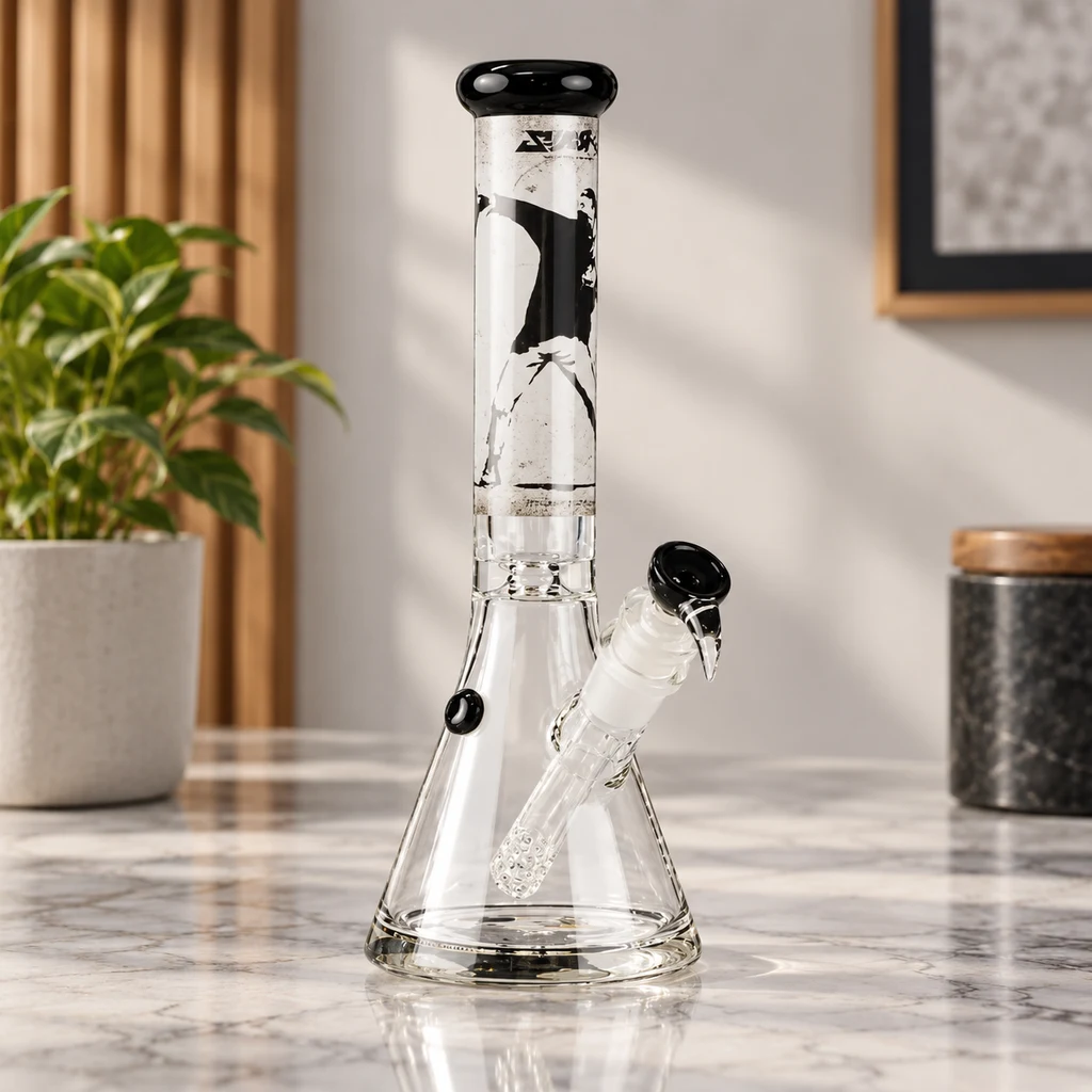 Bong transparente con base cónica, tubo alto con ilustración en blanco y negro y boquilla negra, sobre una encimera de mármol.