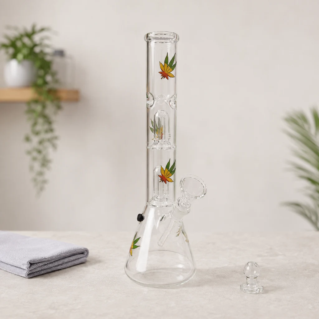 Bong transparente con base cónica, dos percoladores y hojas de cannabis de varios colores, sobre una mesa junto a una pieza suelta.