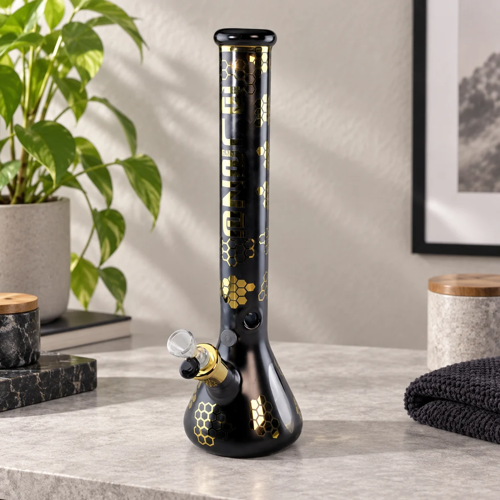 Bong negro con motivos dorados de panal, tubo alto y base ensanchada sobre una encimera, con una planta y recipientes al fondo.