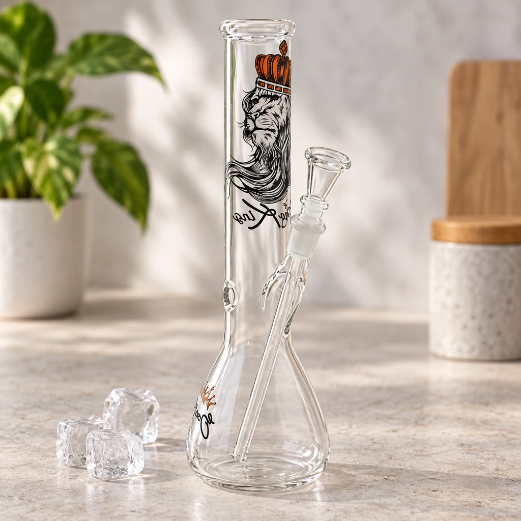 Bong transparente Crystal Ice Lion de base ensanchada, tubo lateral y dibujo de un león coronado, con tres cubitos de hielo al lado.