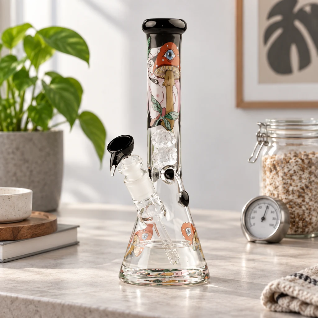 Bong transparente con base ancha, boca negra y dibujos de setas, sobre una encimera junto a una planta y un tarro.