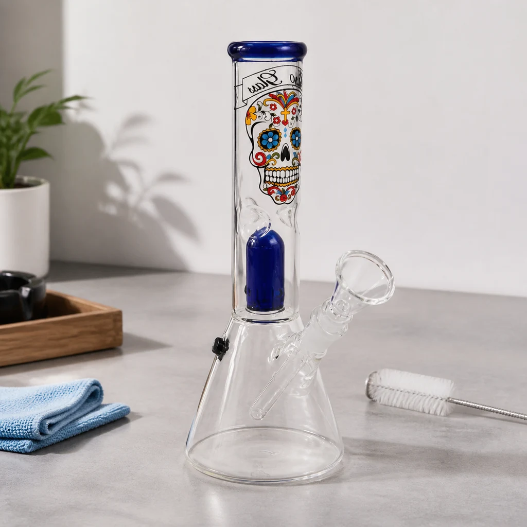Bong transparente con base cónica, calavera mexicana multicolor y detalles azules, sobre una encimera junto a un paño y un cepillo.