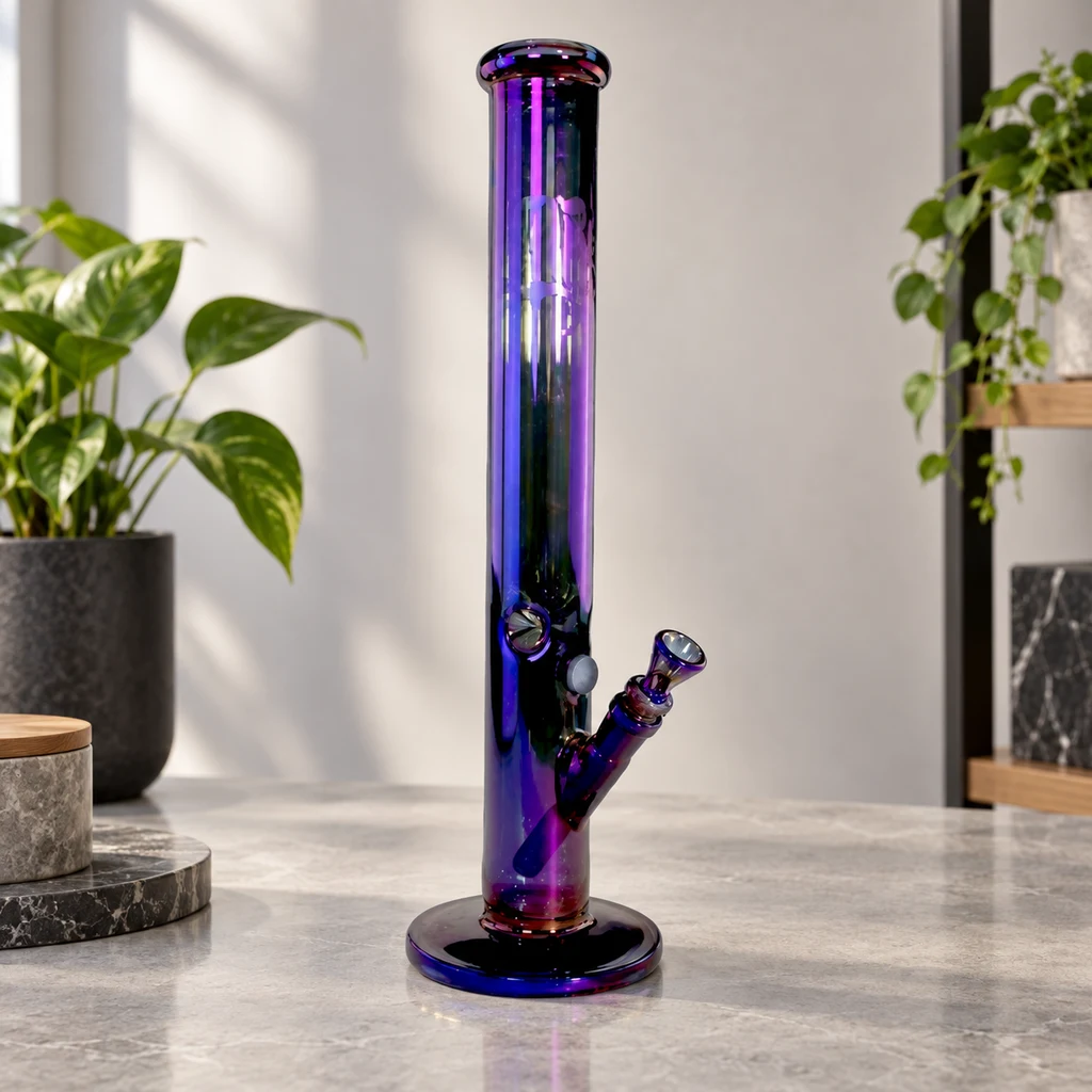 Bong Purple Crystal Ice de tubo recto violeta, base circular y cazoleta lateral, sobre una encimera con plantas al fondo.