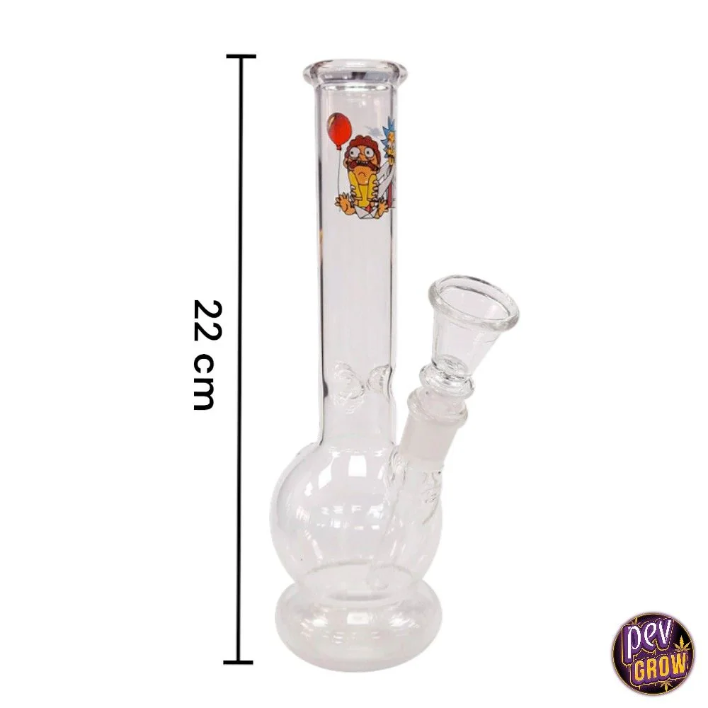 Bong Rick & Morty Ice Crystal de 22 cm, transparente, con cuello recto, cámara redondeada, base circular y cazoleta lateral inclinada.