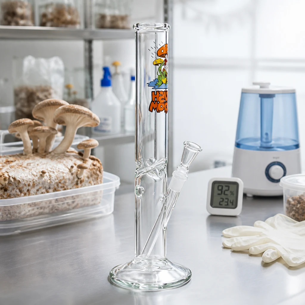Bong transparente de tubo recto con dibujos de setas y rana, sobre una mesa junto a un cultivo de setas, guantes y un humidificador.