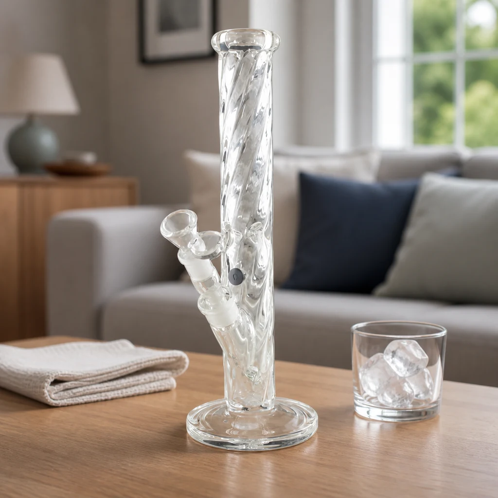 Bong transparente de tubo alto con relieve en espiral, cazoleta lateral y base circular, sobre una mesa junto a un vaso con hielo.