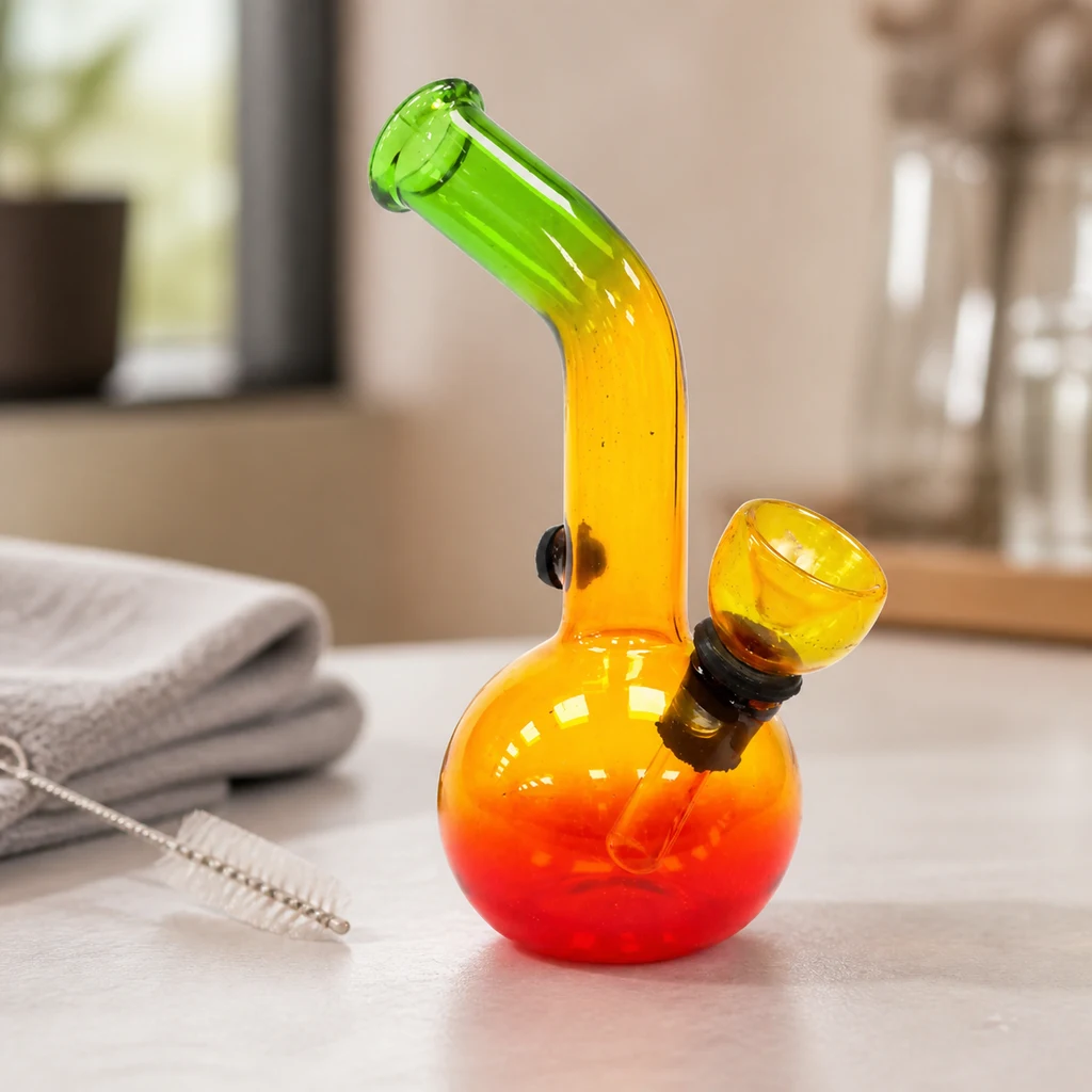 Mini bong de vidrio Rasta con base esférica roja, cuerpo amarillo y boquilla curva verde, sobre una encimera junto a un cepillo.