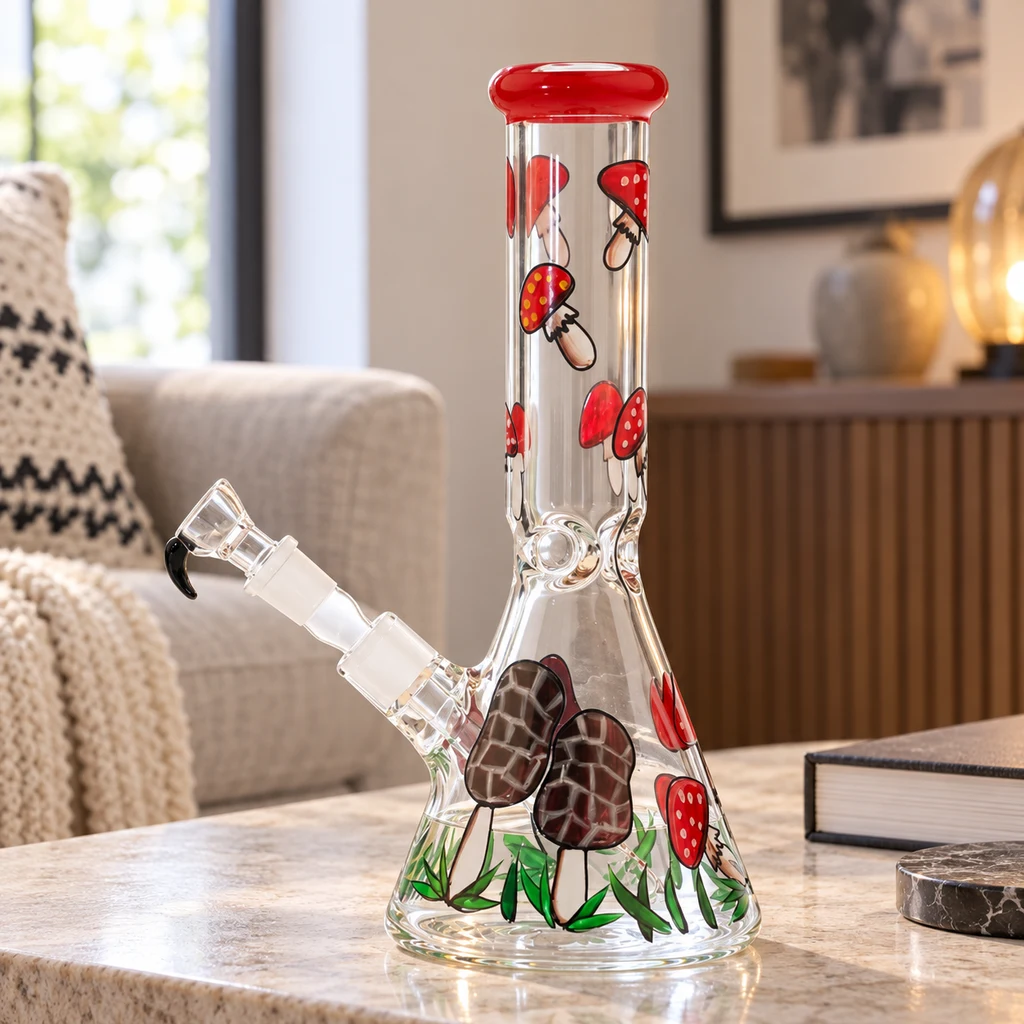 Bong de cristal transparente con base cónica, tubo alto, borde rojo y dibujos de setas rojas y marrones, sobre una mesa de salón.