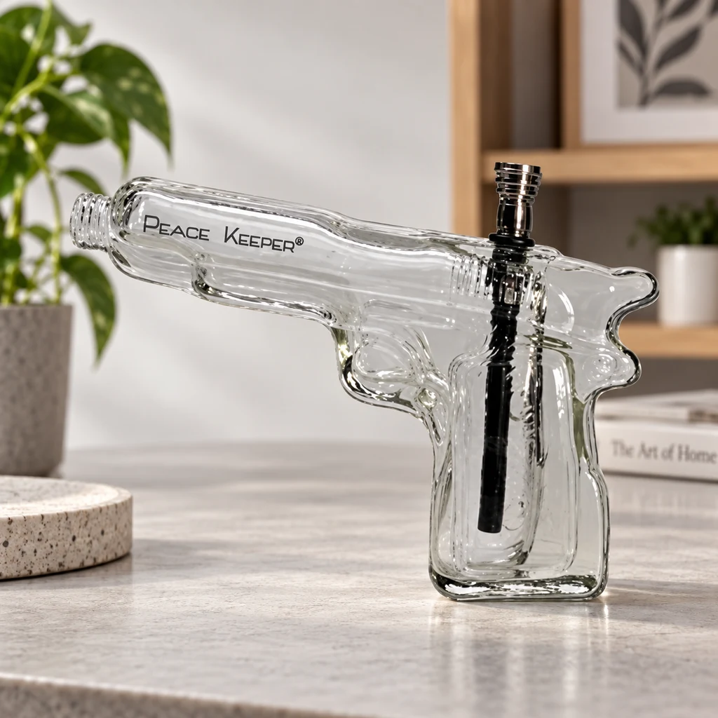 Bong transparente Peace Keeper con forma de pistola y cazoleta metálica, sobre una encimera con plantas y estantería al fondo.