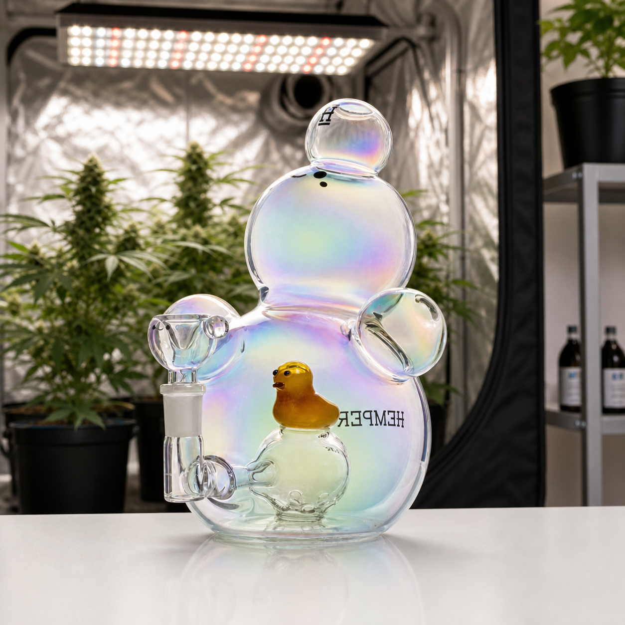 Bong Hemper Bubbles XL de cuerpo iridiscente con formas de burbuja y un patito amarillo en el interior, frente a un armario de cultivo.