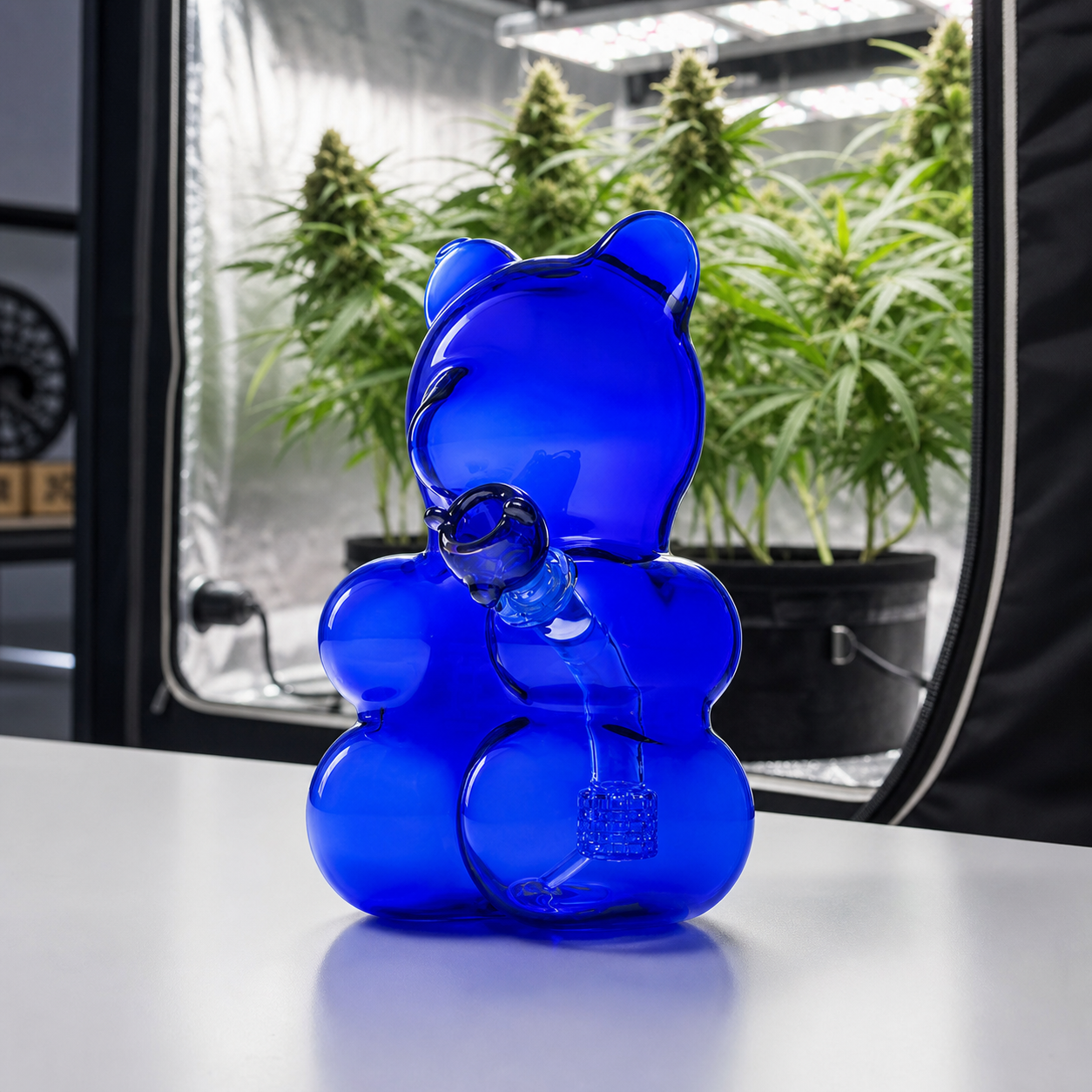 Bong Gummy Bear XL de Hemper, azul y con forma de osito, sobre una mesa frente a un armario de cultivo con plantas.