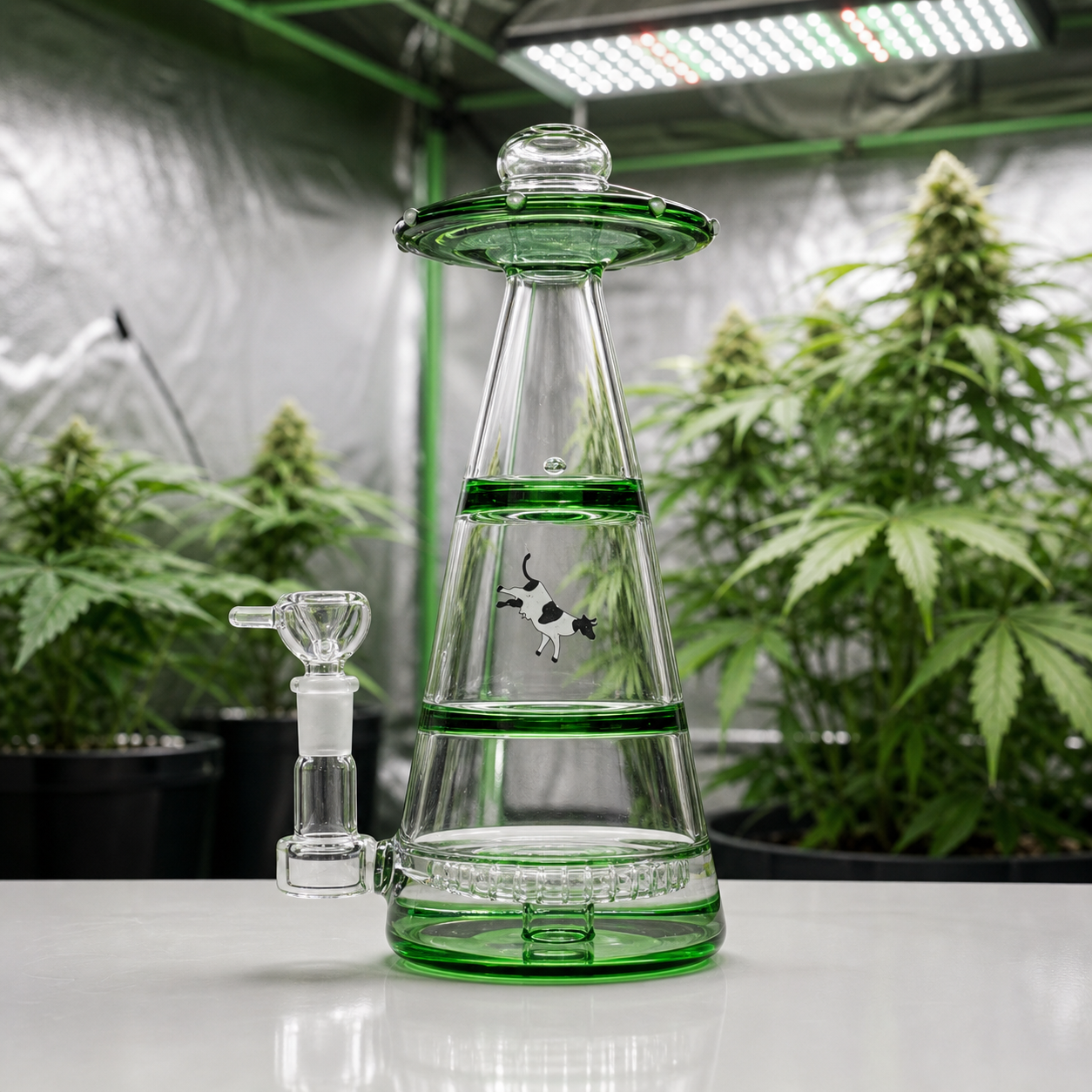 Bong de cristal Mothership UFO verde, de cuerpo cónico y parte superior en forma de platillo, ante plantas y un panel de luz.