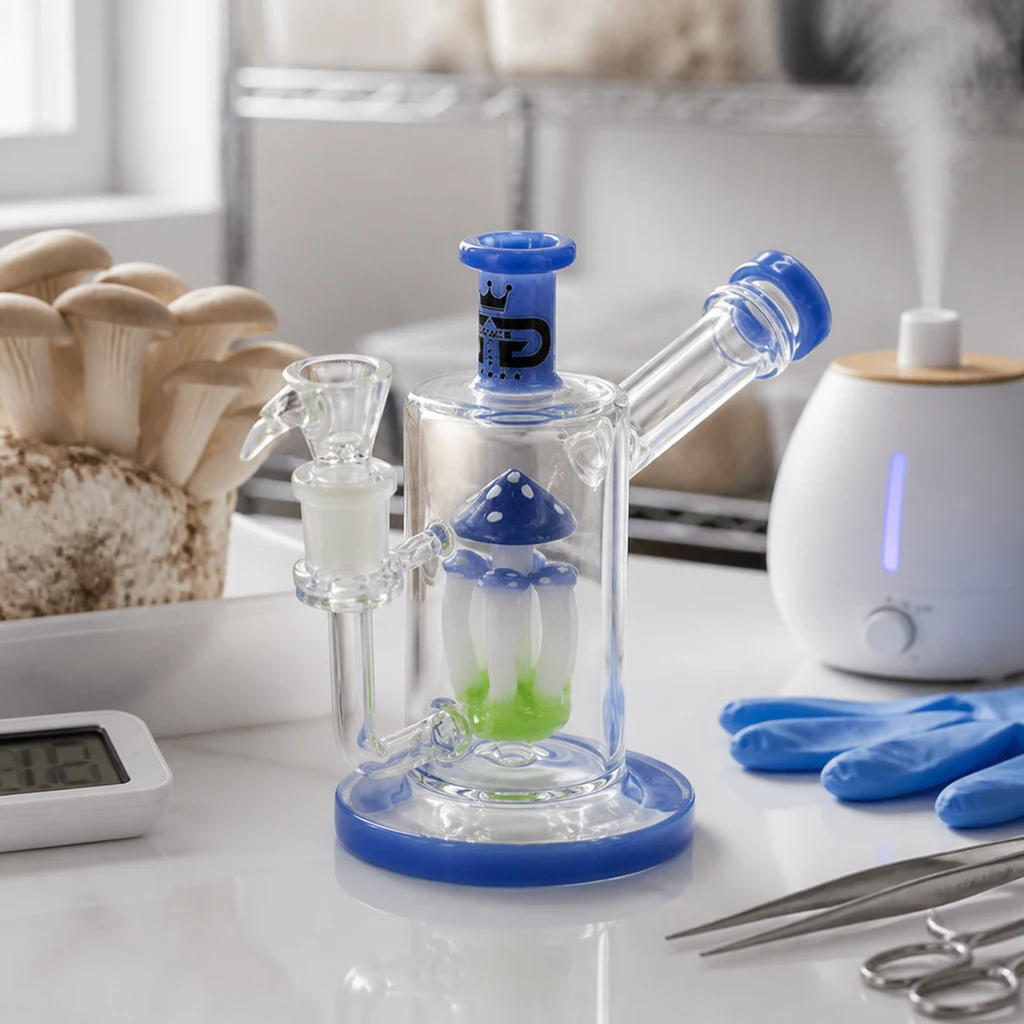Bong transparente con base y bordes azules, percolador interior con forma de setas y boquilla inclinada, sobre una mesa junto a guantes y pinzas.