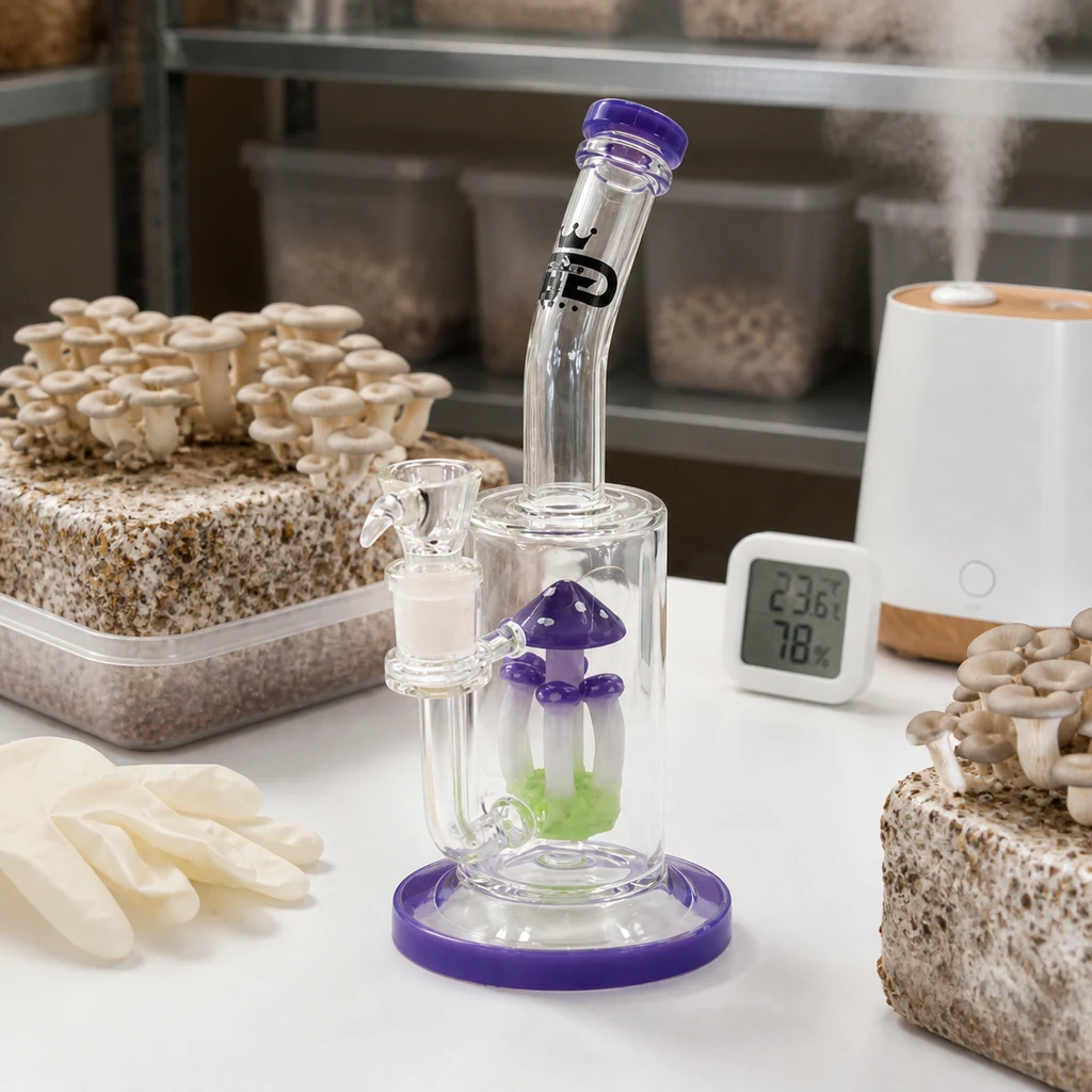 Bong transparente con base y boquilla moradas y percolador de setas moradas, sobre una mesa junto a cultivos de setas y un humidificador.