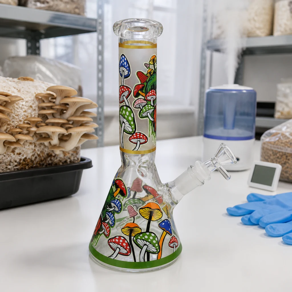 Bong de cristal con base cónica, cuello largo y dibujos de setas multicolores, sobre una mesa junto a cultivos de setas y guantes azules.
