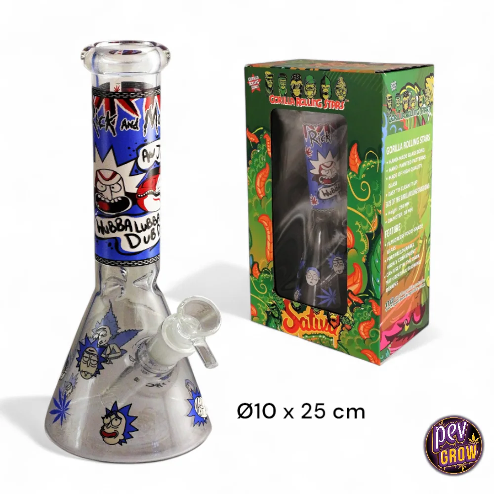 Bong de cristal Rick & Morty con base ancha, cuello largo y cazoleta lateral, decorado con personajes y acompañado de su caja.