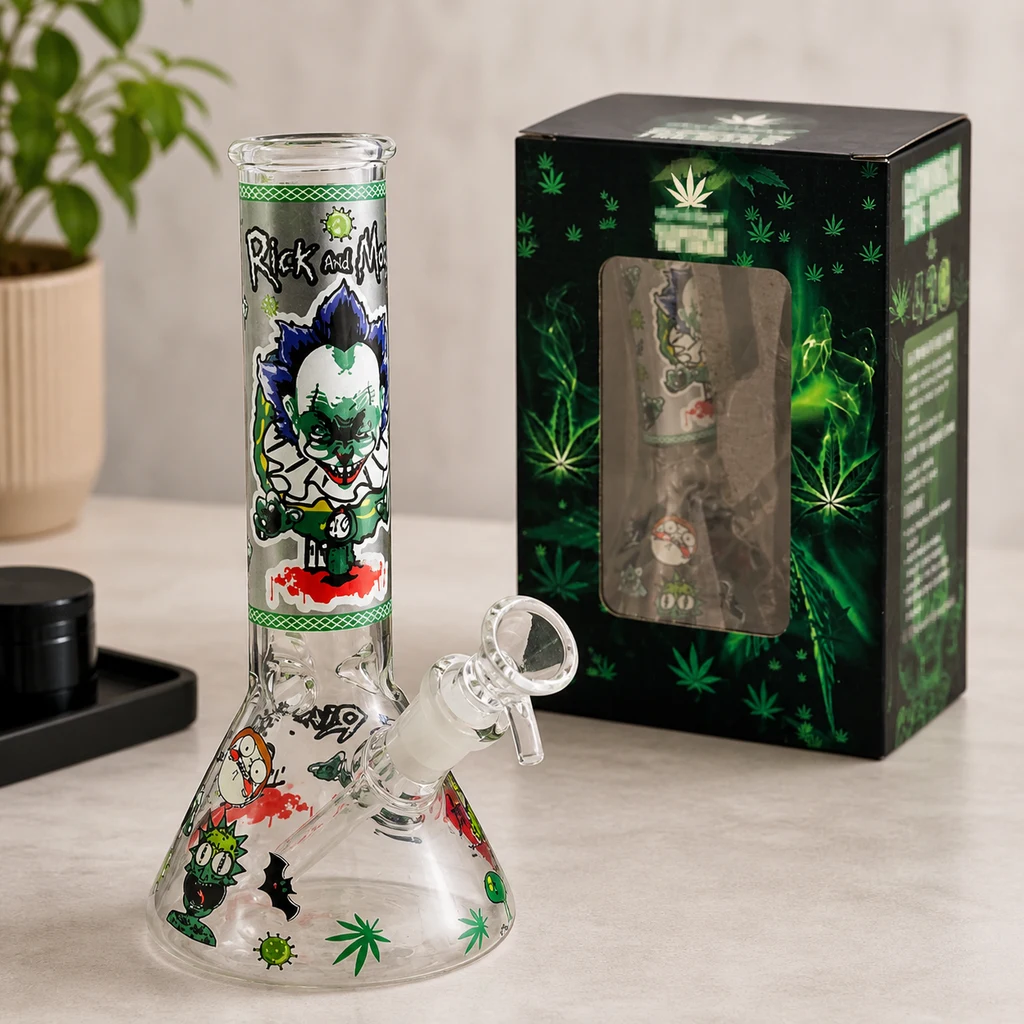 Bong transparente con base ancha, cazoleta lateral y dibujos de Rick y Morty, junto a una caja negra con motivos verdes.