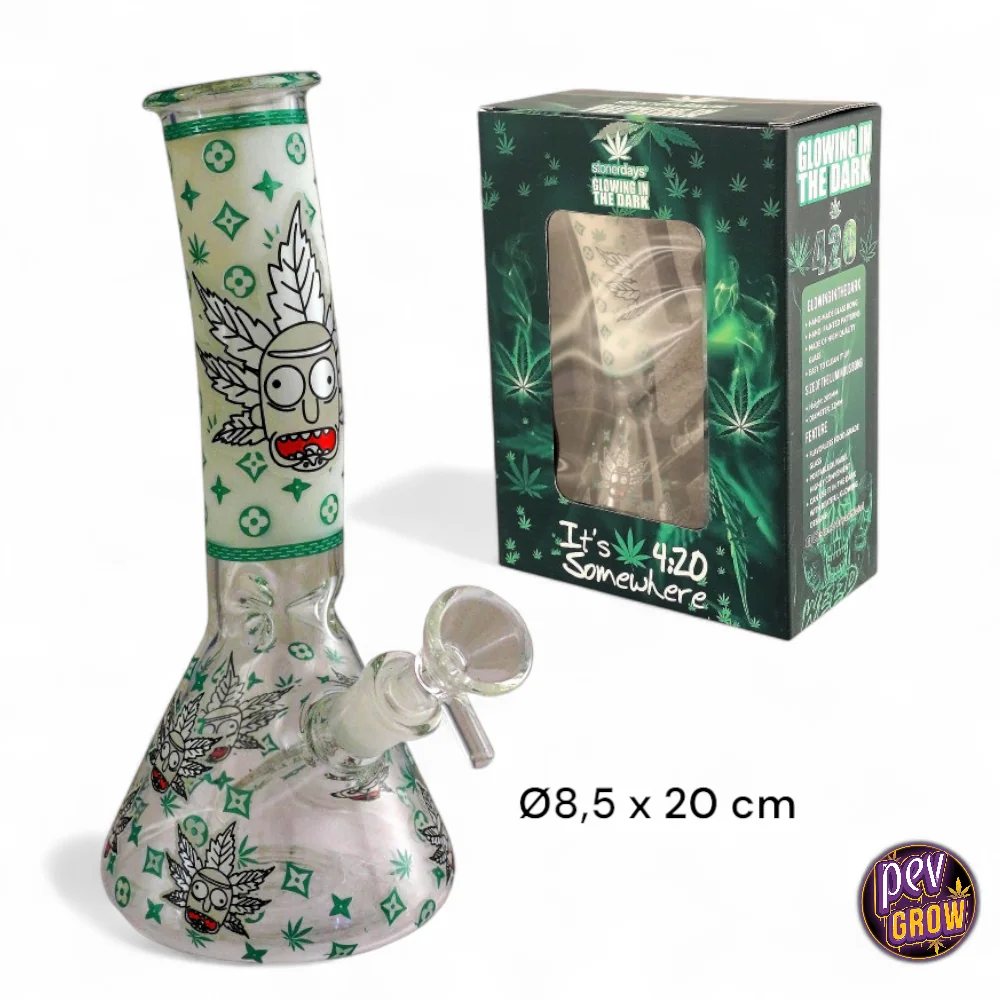 Bong de vidrio Rick y Morty con base ancha, cazoleta lateral y dibujos verdes de hojas y rostros, junto a su caja sobre fondo blanco.