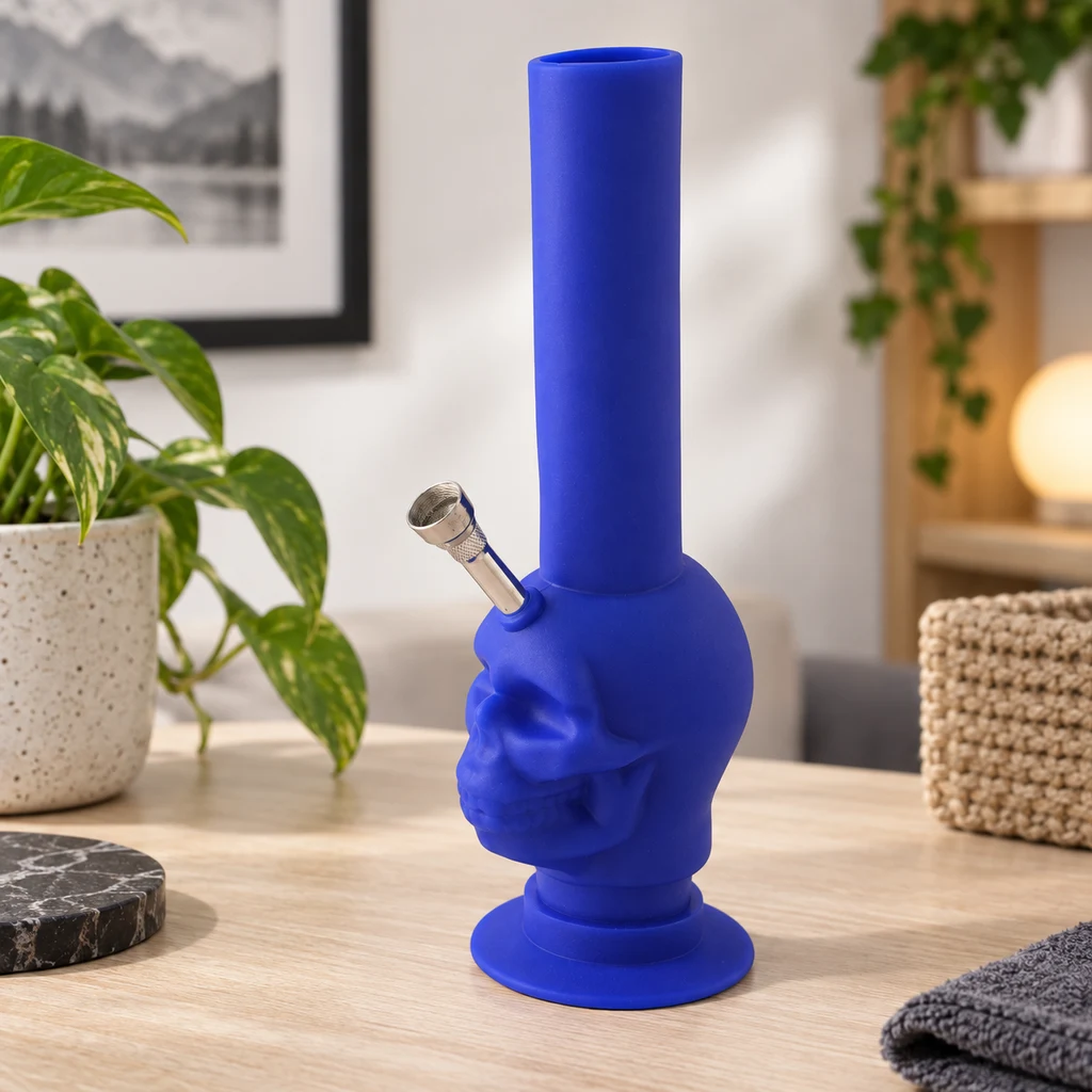 Bong azul con cuerpo en forma de calavera, tubo vertical y cazoleta lateral plateada, sobre una mesa de madera junto a plantas.