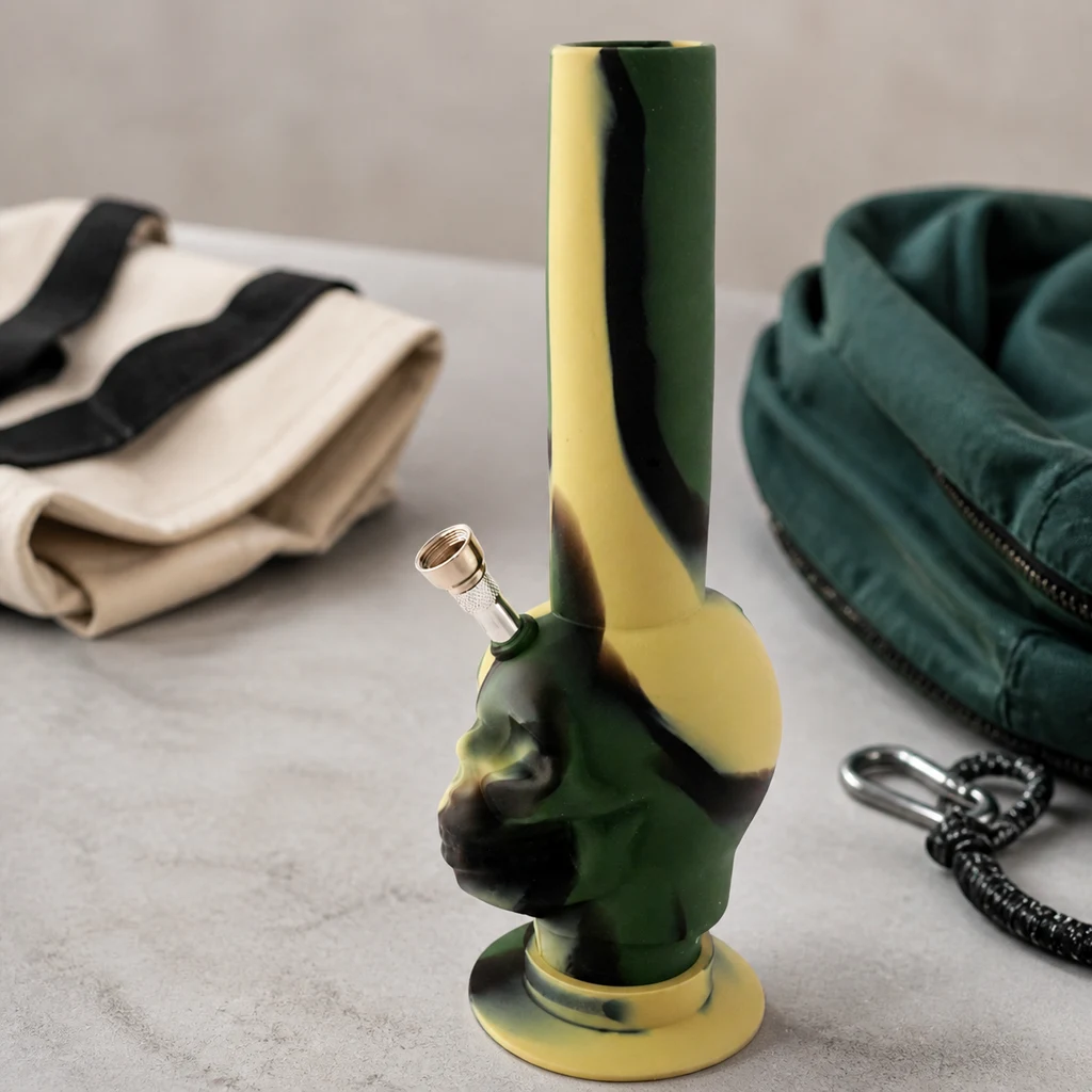 Bong de camuflaje verde, amarillo y negro con base en forma de calavera y cazoleta lateral, sobre una mesa junto a dos bolsas.