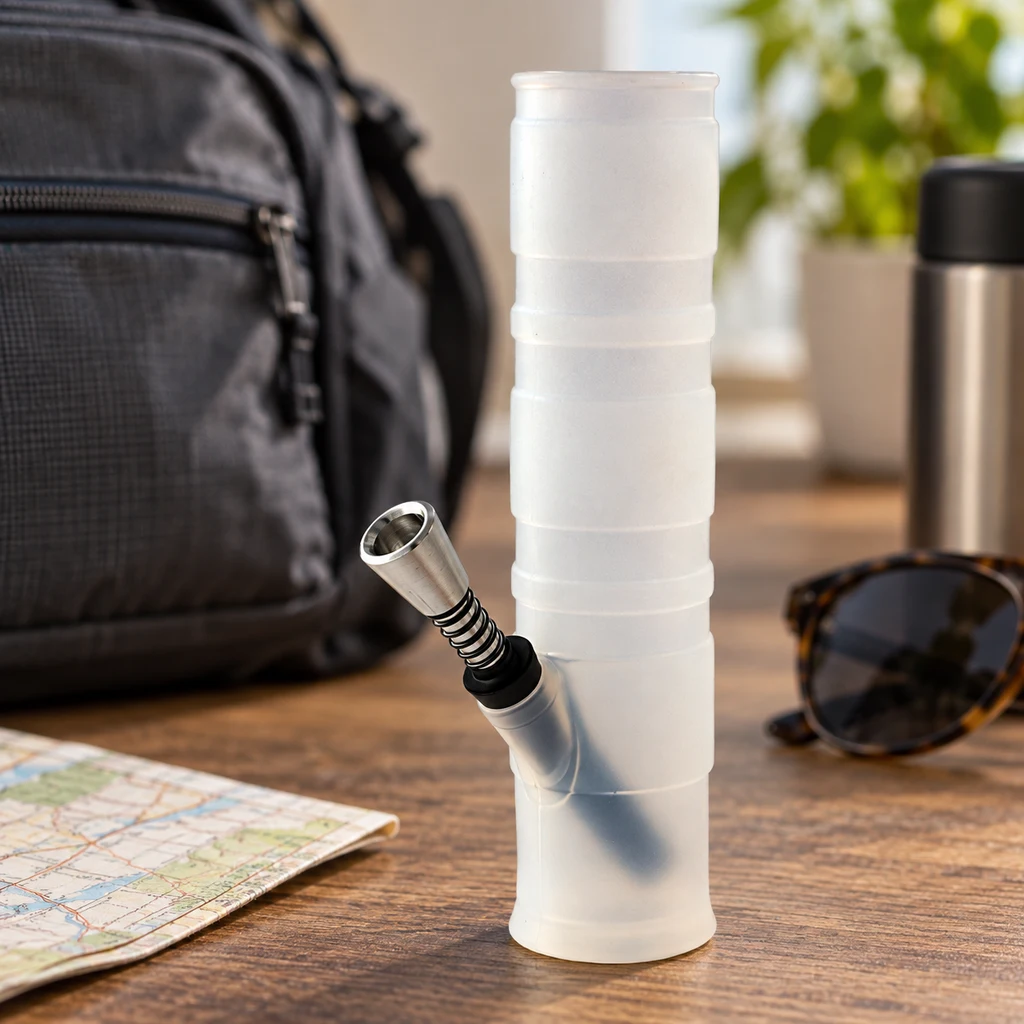 Bong de silicona plegable blanco translúcido, con cuerpo tubular y cazoleta metálica lateral, sobre una mesa junto a una mochila.