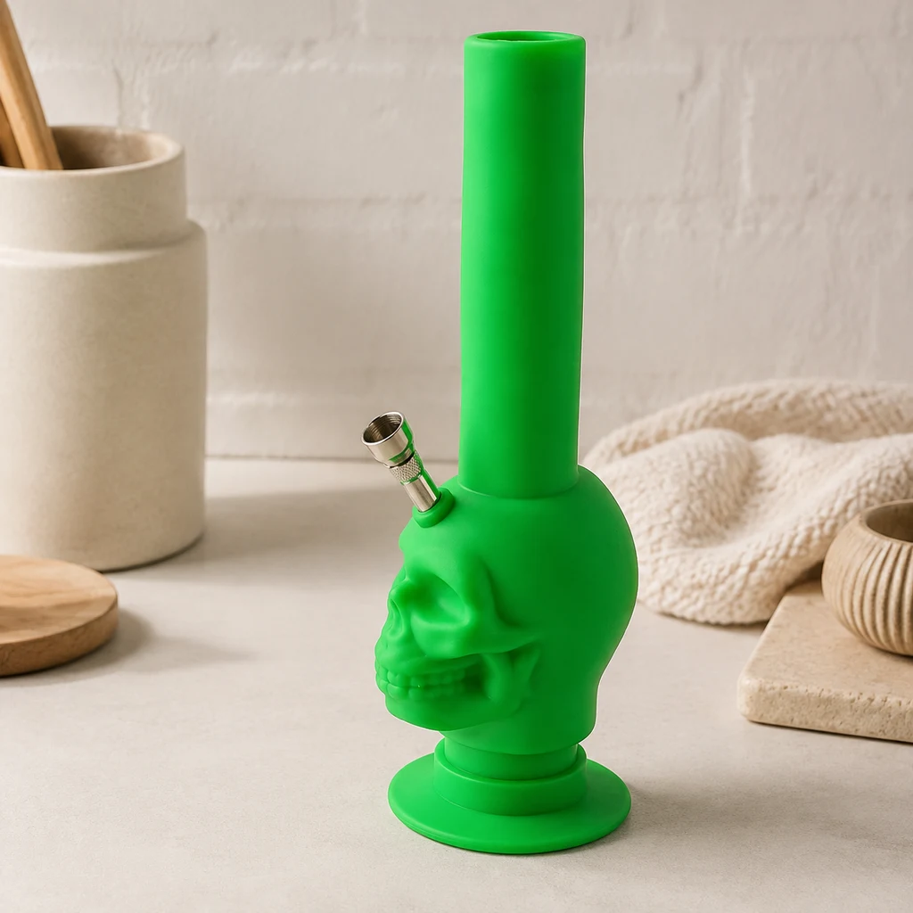 Bong Green Skull verde con depósito en forma de calavera, tubo recto y cazoleta lateral plateada, sobre una encimera clara.