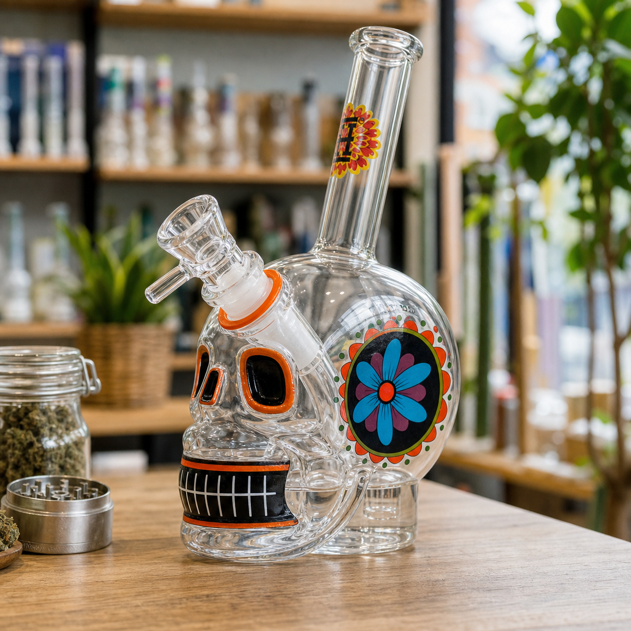 Bong Día de Muertos transparente con forma de calavera, detalles naranjas y una flor azul lateral, sobre una mesa de madera.