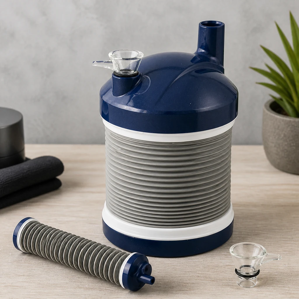 Escena generada del bong Bukket Accordion azul y gris sobre una mesa, con cuerpo de fuelle y piezas separadas delante.