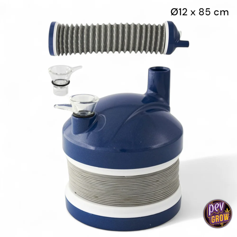 Bong Bukket Accordion azul y gris mostrado plegado y extendido, con cazoletas transparentes e indicación de diámetro 12 y longitud 85 cm.