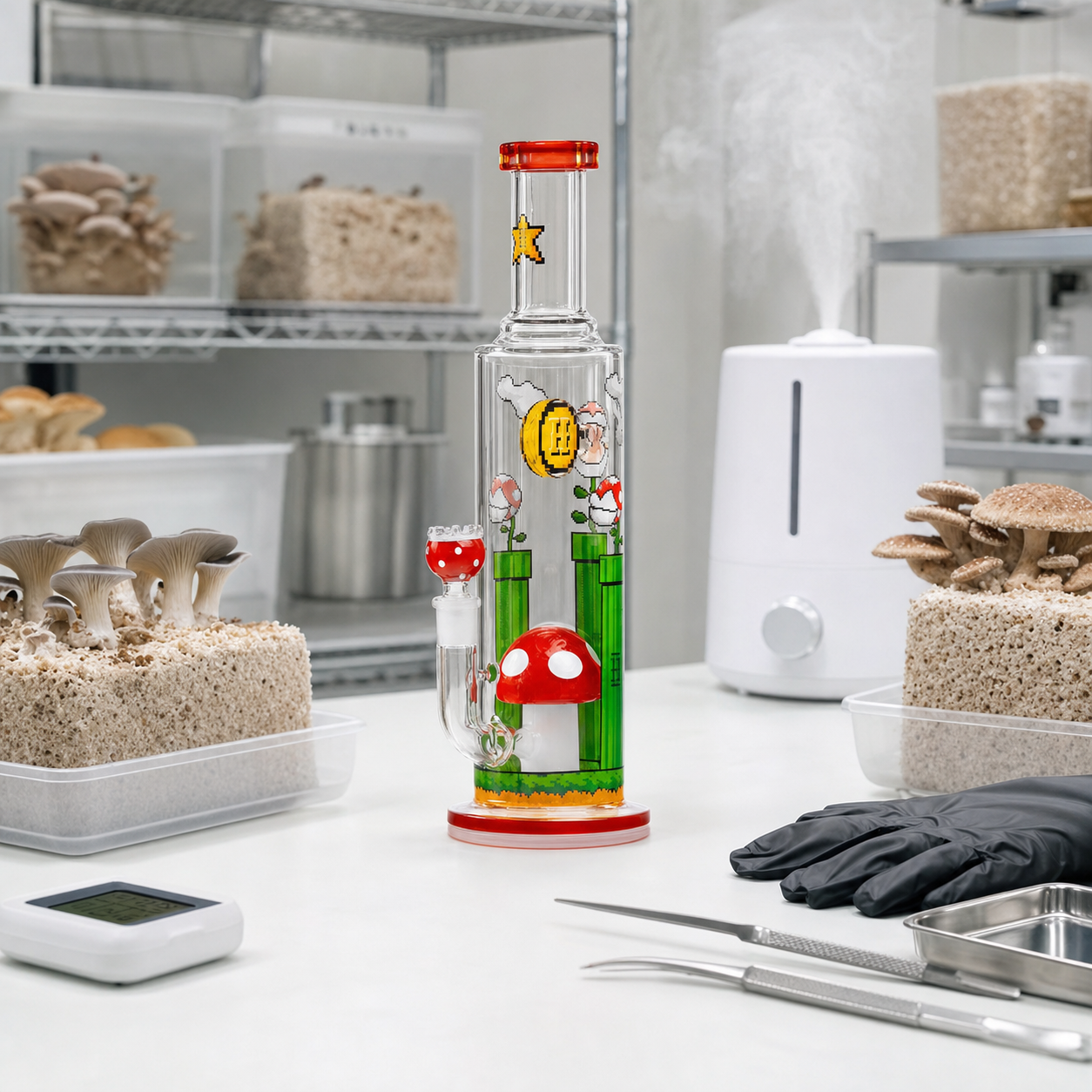 Bong Gaming Flower XL transparente con dibujos de tuberías verdes y setas rojas, sobre una mesa junto a cultivos de setas.