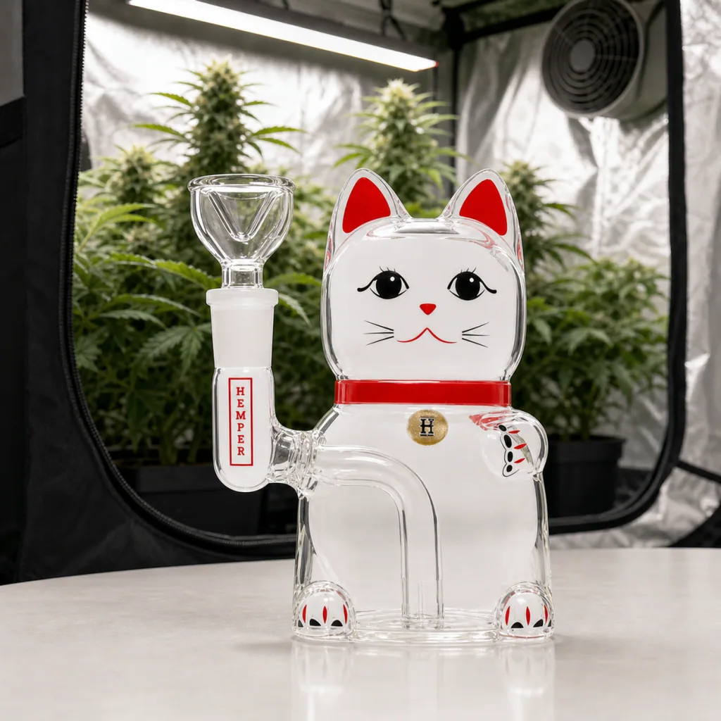 Bong Hemper Lucky Cat con forma de gato blanco, detalles rojos y cazoleta lateral, sobre una mesa ante un armario con plantas.