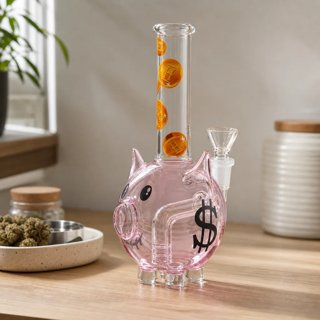 Bong Hemper Piggy Bank rosa con forma de cerdito, símbolo de dólar y monedas dibujadas en el tubo, sobre una mesa de madera.
