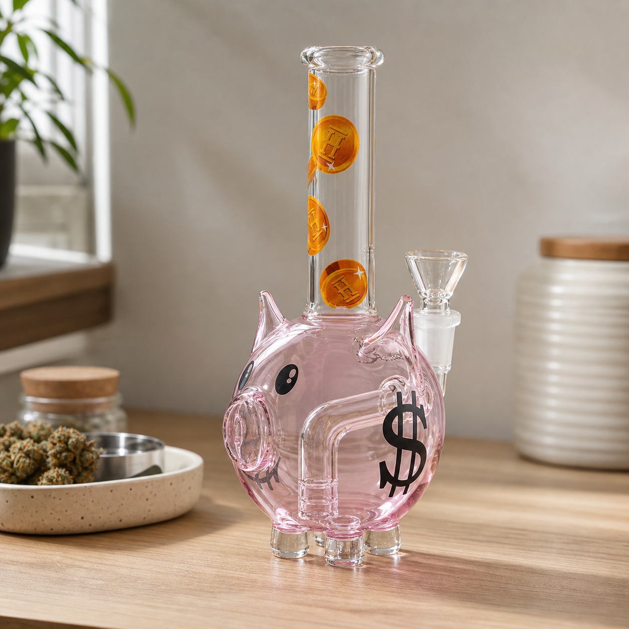 Bong Hemper Piggy Bank rosa con forma de cerdito, símbolo de dólar y monedas dibujadas en el tubo, sobre una mesa de madera.