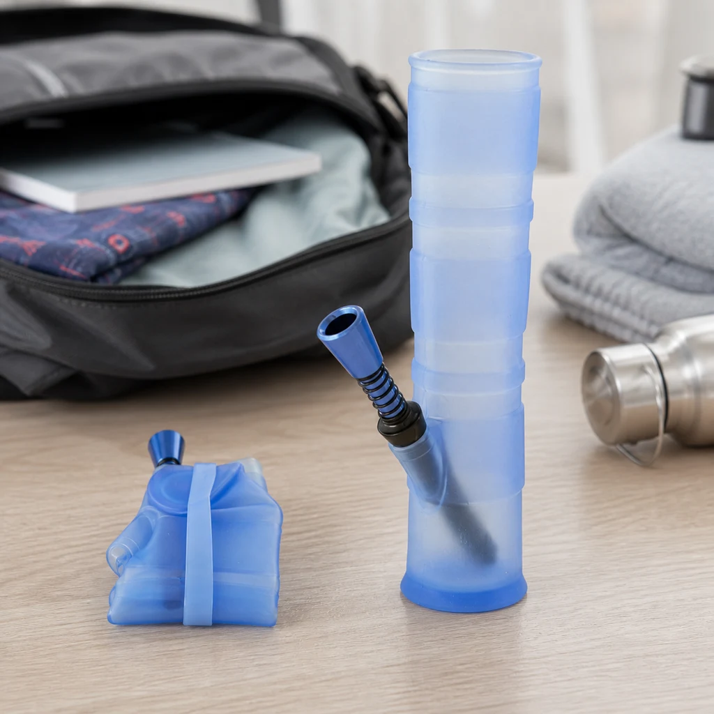 Bong azul translúcido con tubo segmentado y cazoleta lateral, mostrado desplegado y plegado junto a una mochila abierta.