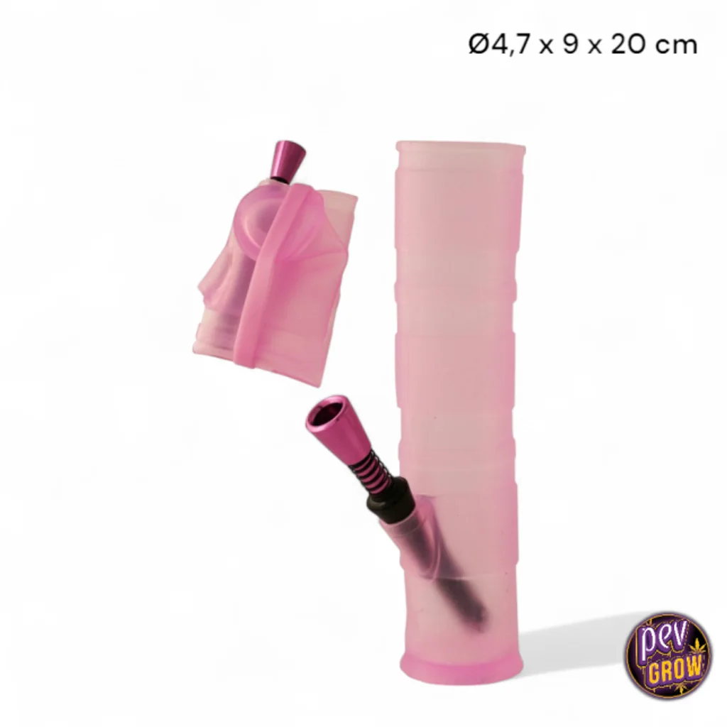 Bong plegable de cuerpo translúcido rosado y boquilla lateral morada, mostrado extendido y plegado sobre fondo blanco.