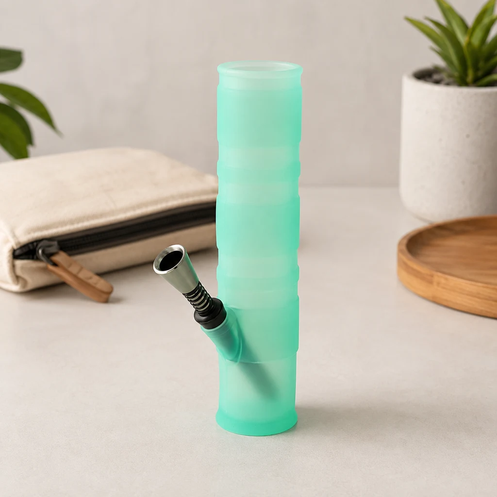 Bong de silicona plegable verde menta, de cuerpo tubular con relieves y cazoleta metálica lateral, sobre una mesa clara.