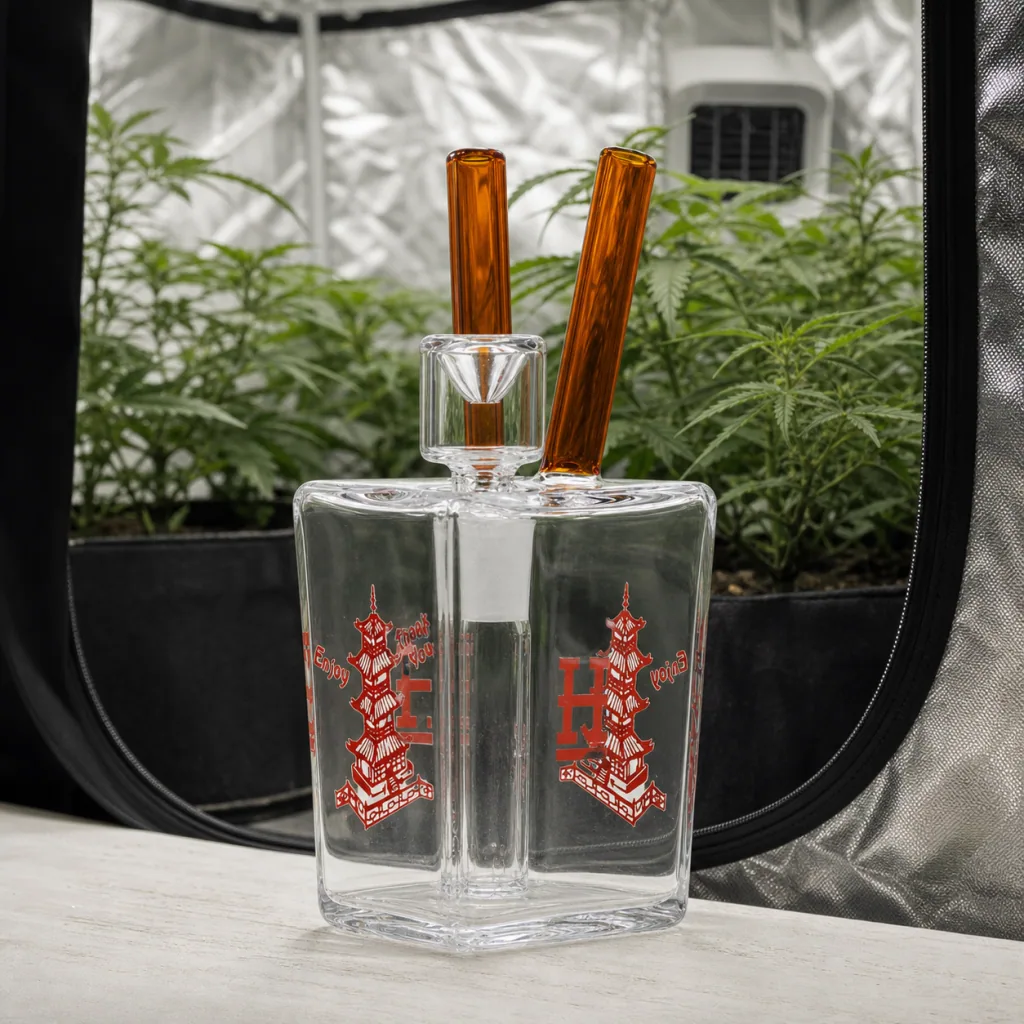 Bong Takeout Chino Hemper transparente, de cuerpo rectangular con dibujos rojos de pagodas y tubos ámbar, ante plantas de cultivo.