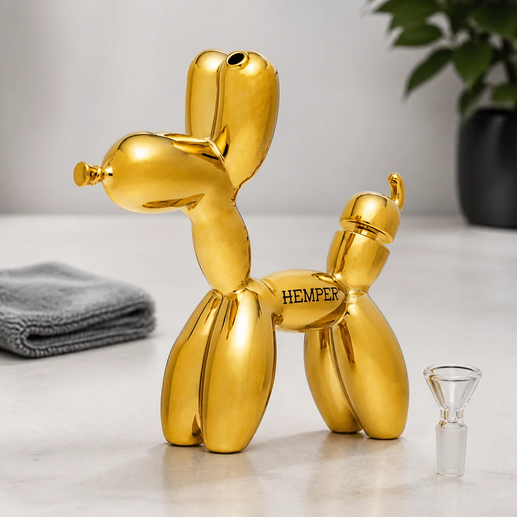 Escena generada del bong Balloon Dog dorado con forma de perro de globos, marca HEMPER y cazoleta transparente separada a su lado.