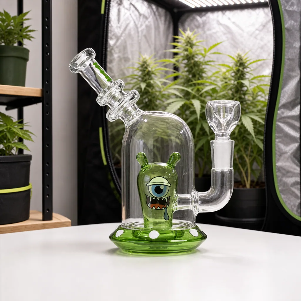 Bong Hemper Space Monster transparente, con base verde y monstruo de un ojo en su interior, sobre una mesa ante un armario de cultivo.