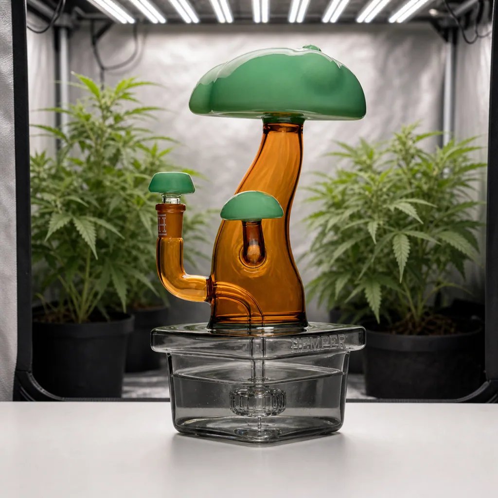 Bong de vidrio Bonsai XL con cuerpo ámbar, formas de seta verdes y base transparente con percolador, ante plantas bajo luces de cultivo.