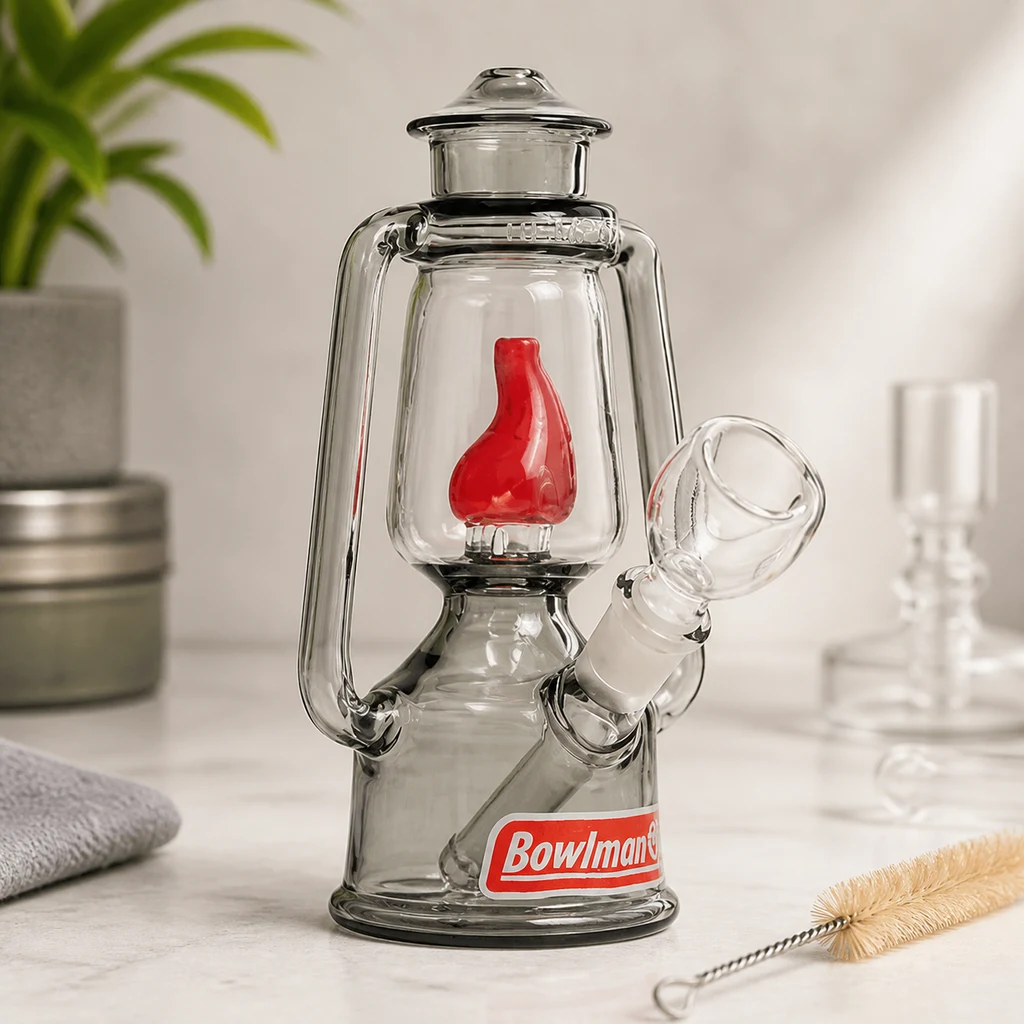 Bong Bowlman de vidrio transparente con forma de farol, pieza roja interior y cazoleta lateral, sobre una mesa junto a un cepillo.