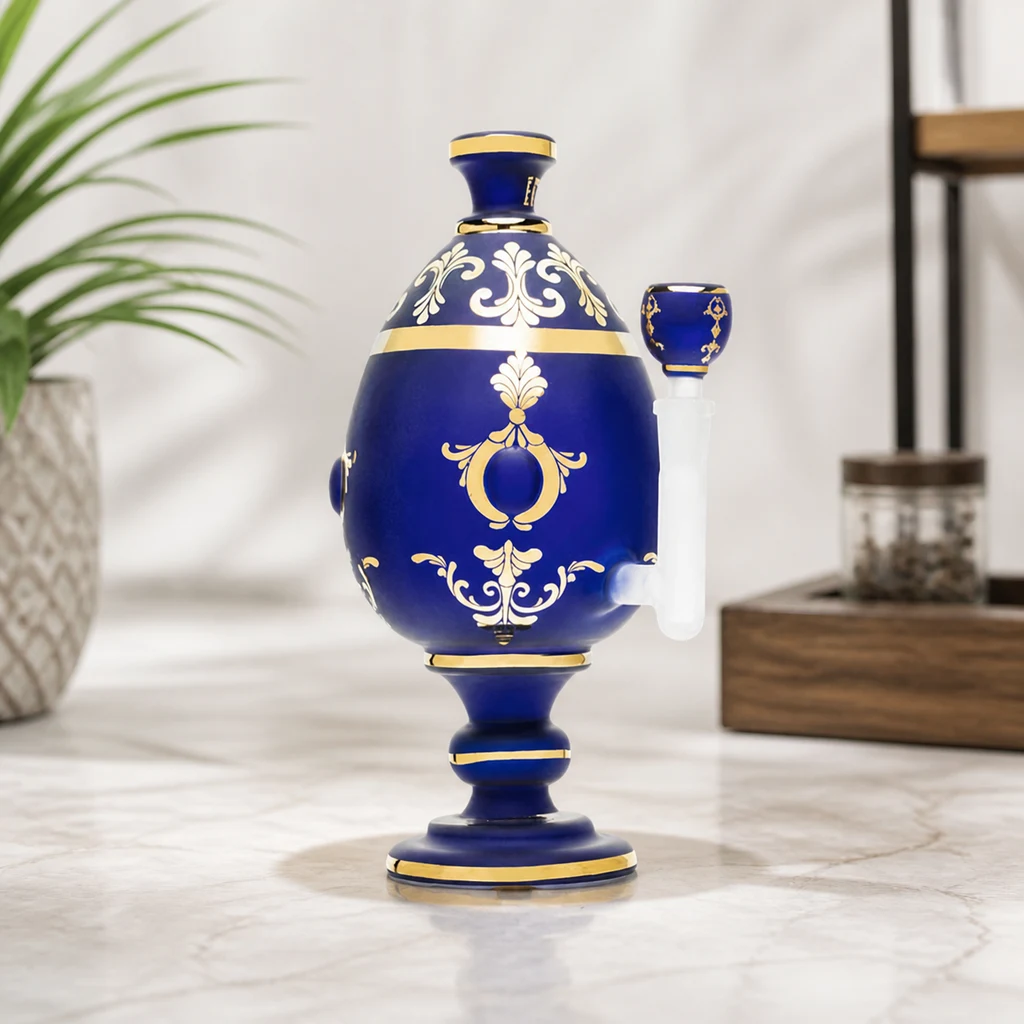 Bong Hemper Jeweled Egg XL azul con adornos dorados, cuerpo ovoide sobre pedestal y cazoleta lateral, situado sobre una encimera.