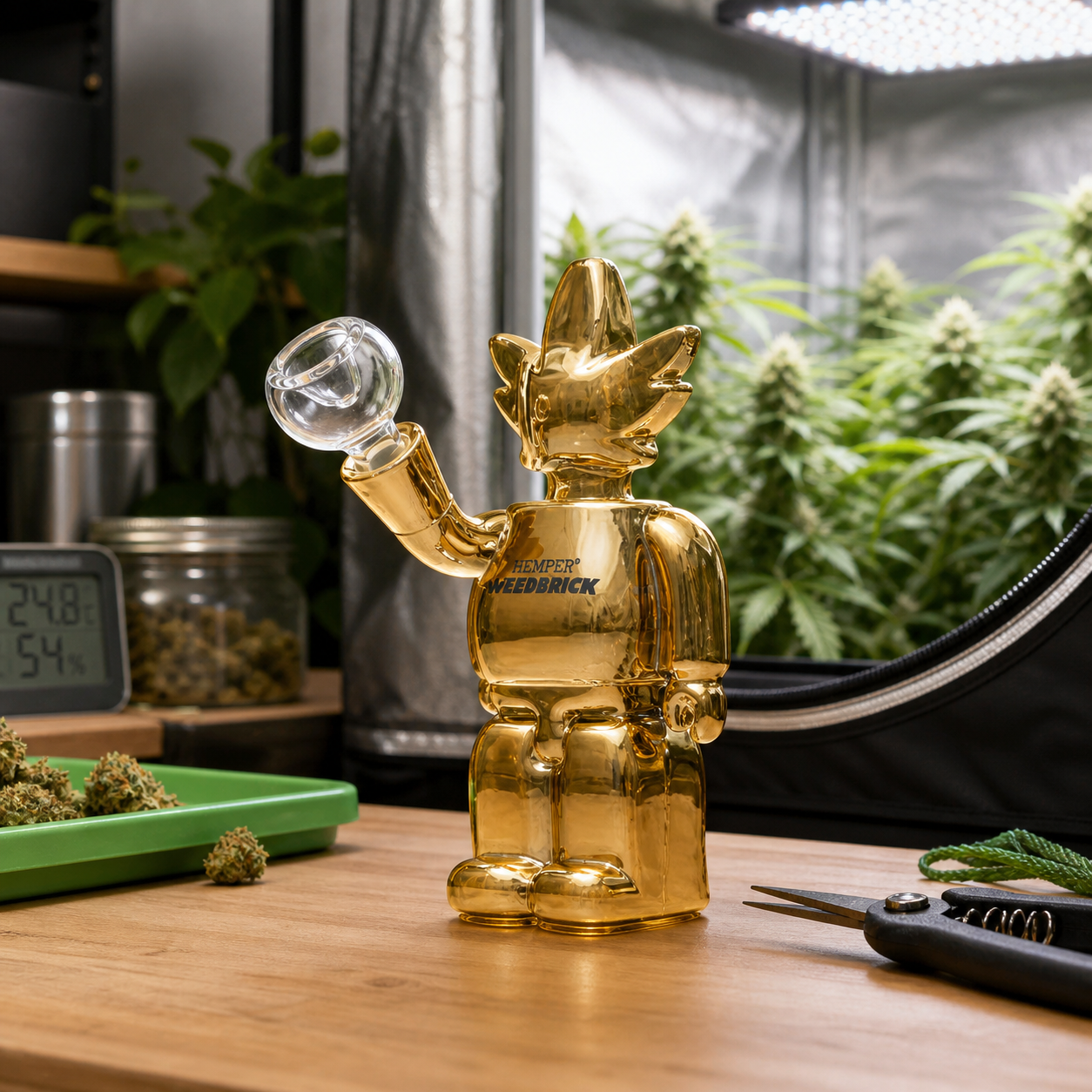 Bong Hemper Weedbrick de cristal ámbar con forma de figura y cabeza de hoja, sobre una mesa ante un armario con plantas.