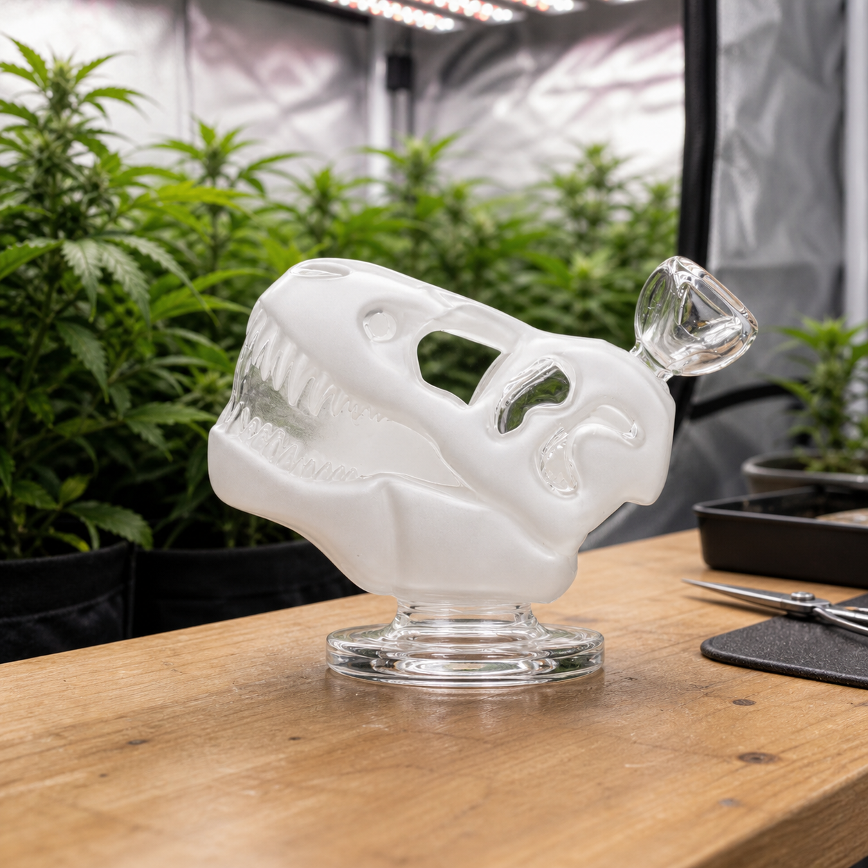 Bong de vidrio con forma de cráneo de dinosaurio y base circular, sobre una mesa frente a plantas en un armario de cultivo.