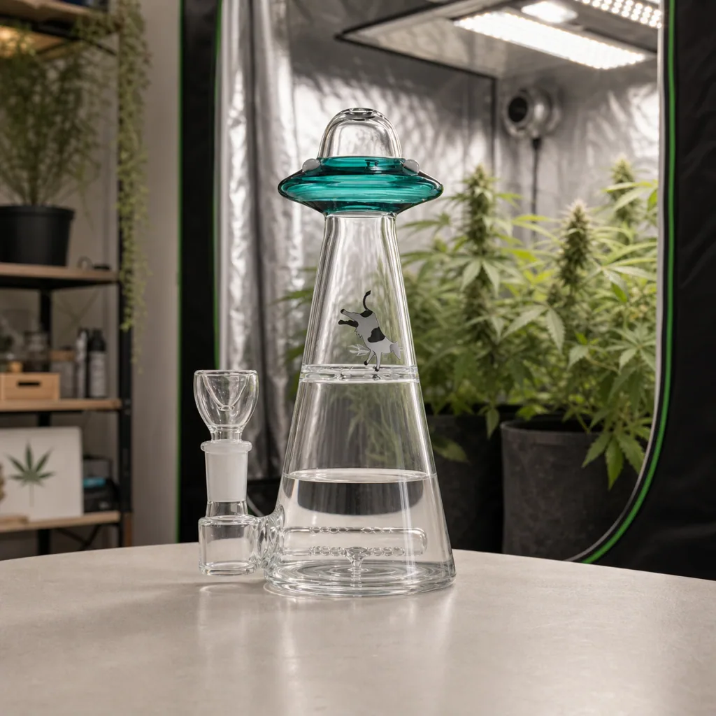 Bong de vidrio Hemper UFO Vortex con cuerpo cónico y parte superior turquesa en forma de platillo, ante un armario con plantas.