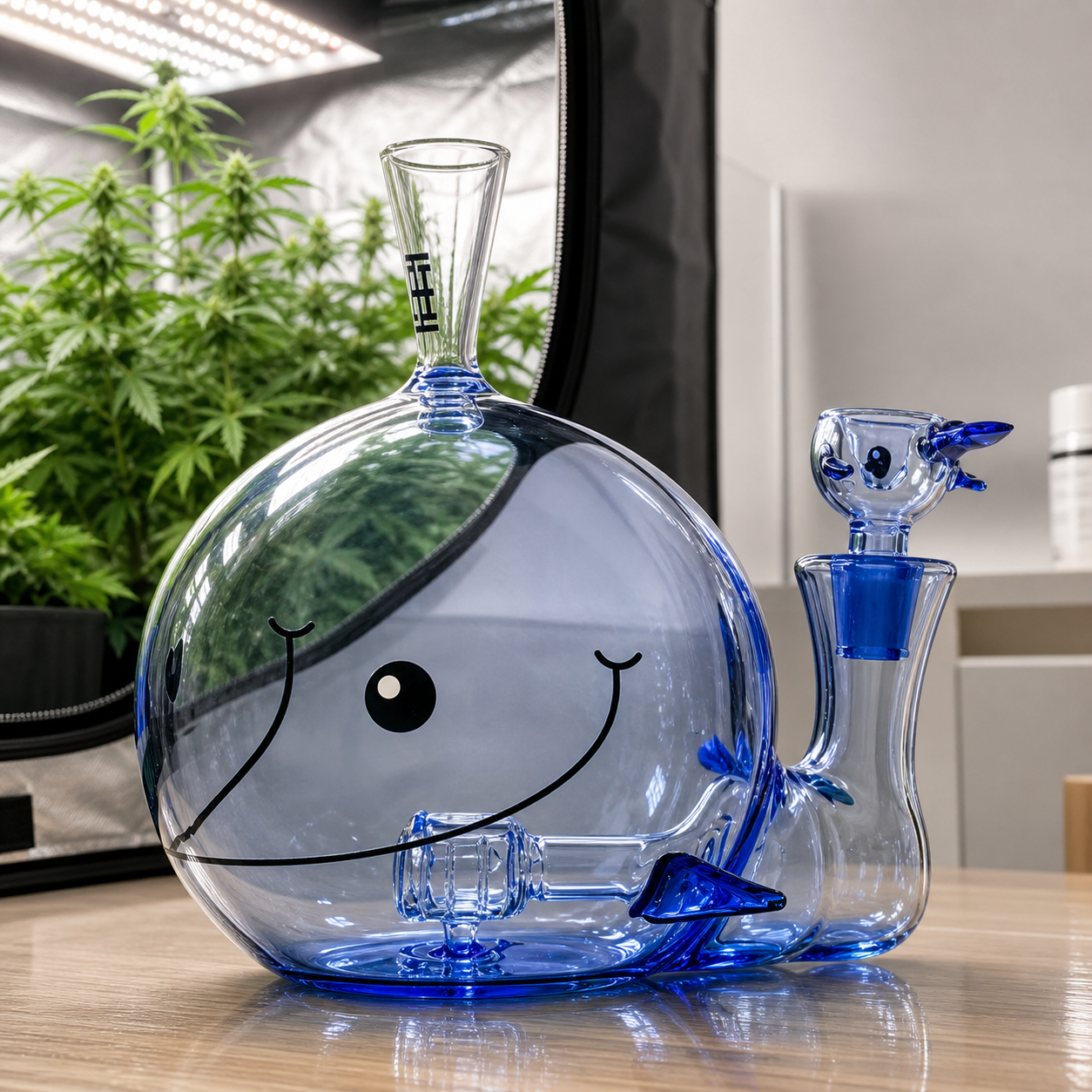 Bong Hemper Whale XL de vidrio transparente y azul con forma de ballena sonriente, sobre una mesa frente a un armario con plantas.
