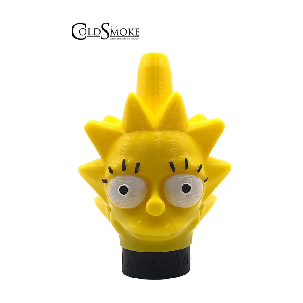 Boquilla para cachimba con rostro amarillo de Lisa Simpson, ojos blancos, cabello en puntas, tubo superior y base negra. Boquilla para cachimba con rostro amarillo de Lisa Simpson, ojos blancos, cabello en puntas, tubo superior y base negra.