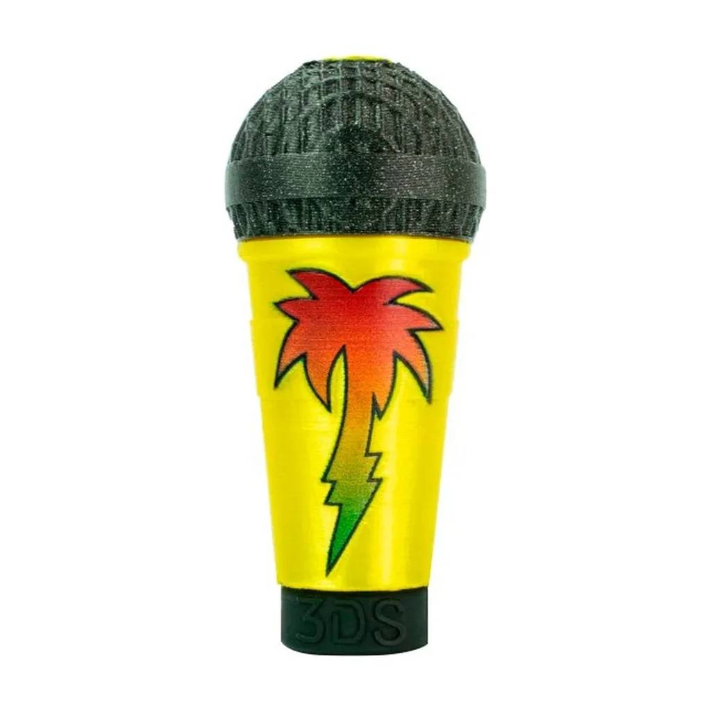 Boquilla 3D Galee para cachimba, amarilla con extremos oscuros y una palmera en degradado rojo, amarillo y verde en el frente. Boquilla 3D Galee para cachimba, amarilla con extremos oscuros y una palmera en degradado rojo, amarillo y verde en el frente.