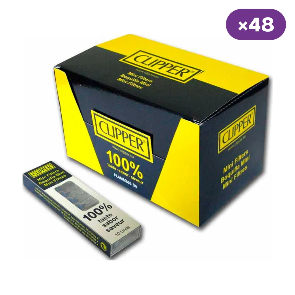Caja Clipper amarilla y negra junto a un estuche de boquillas con ventana; se leen «Mini Filters», «10 Units» y «×48».